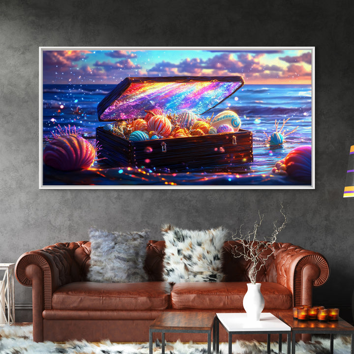 Glowing Sea Treasure Chest With Seashells Canvas Print, Coastal Wall Art, Beach House Decor, Ocean Art, Fantasy Gift, Home Decor