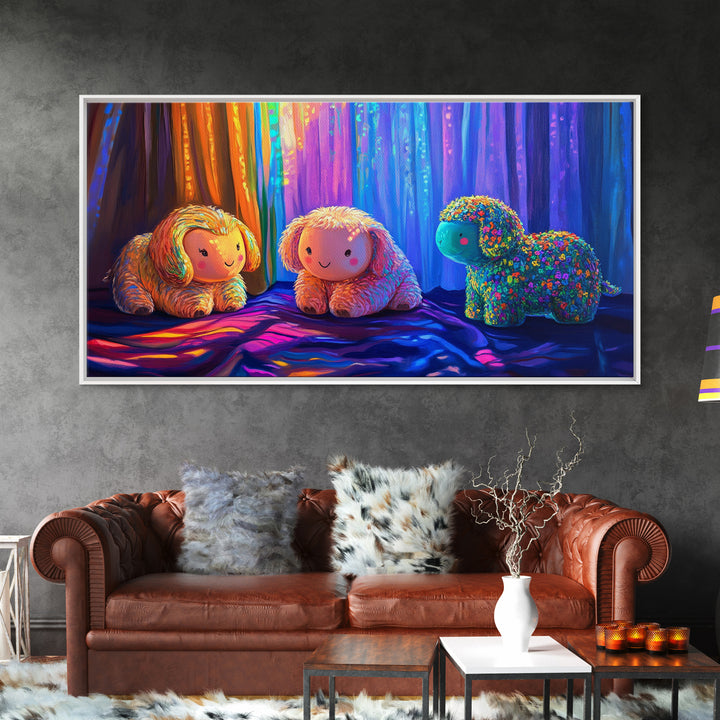 Smiling Plush Animals In Rainbow Curtain Glow Wall Art, Whimsical Animal Art, Nursery Decor, Kids Room Decor, Baby Gift, Cute Art