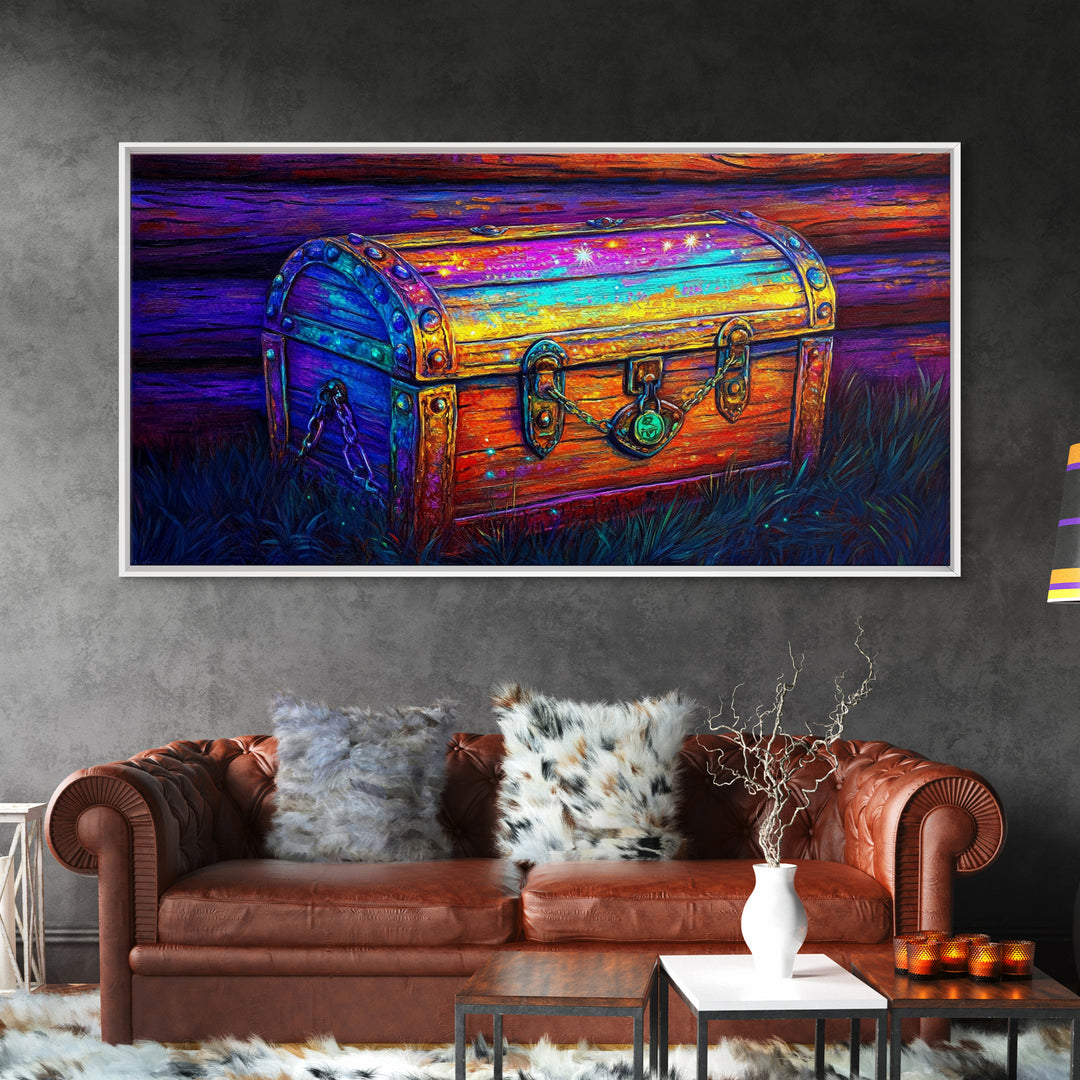 Rainbow Wooden Treasure Chest In Moonlit Grass Canvas Print, Fantasy Art, Whimsical Decor, Rustic Wall Art, Unique Gift, Home Decor