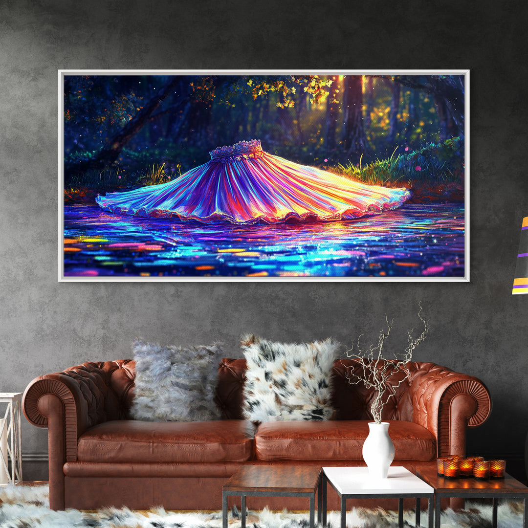 Iridescent Pleated Dress Floating In Forest Stream Wall Art, Fantasy Art, Whimsical Decor, Nature Wall Art, Statement Art