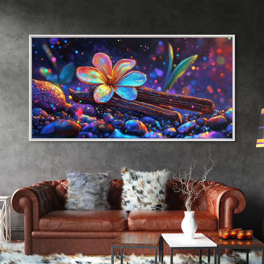Glowing Flower On Driftwood Pebbles Framed Canvas Print, Nature Wall Art, Whimsical Decor, Botanical Art, Unique Gift, Home Decor