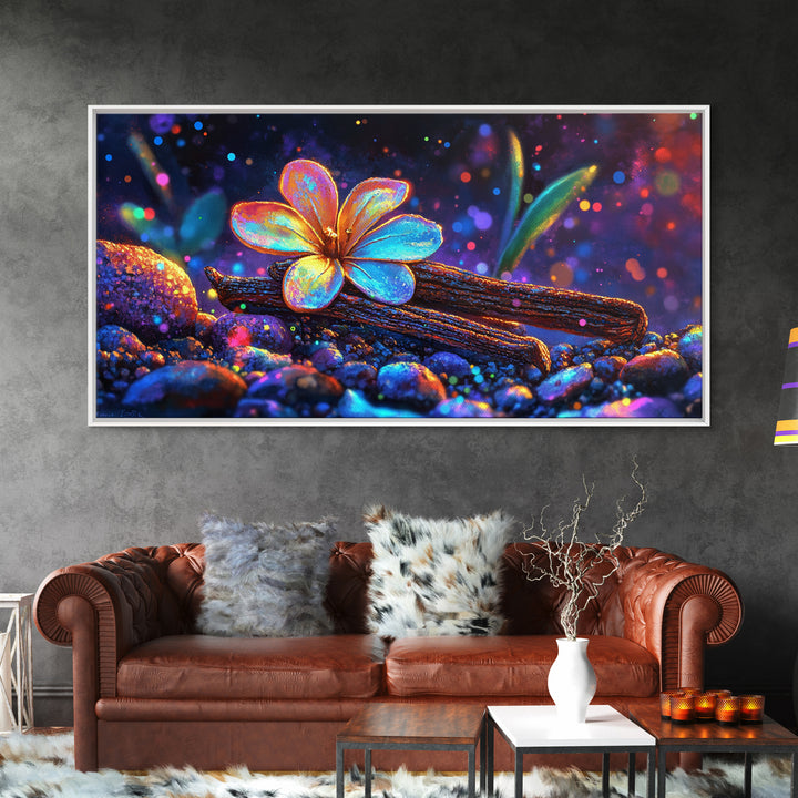 Glowing Flower On Driftwood Pebbles Framed Canvas Print, Nature Wall Art, Whimsical Decor, Botanical Art, Unique Gift, Home Decor