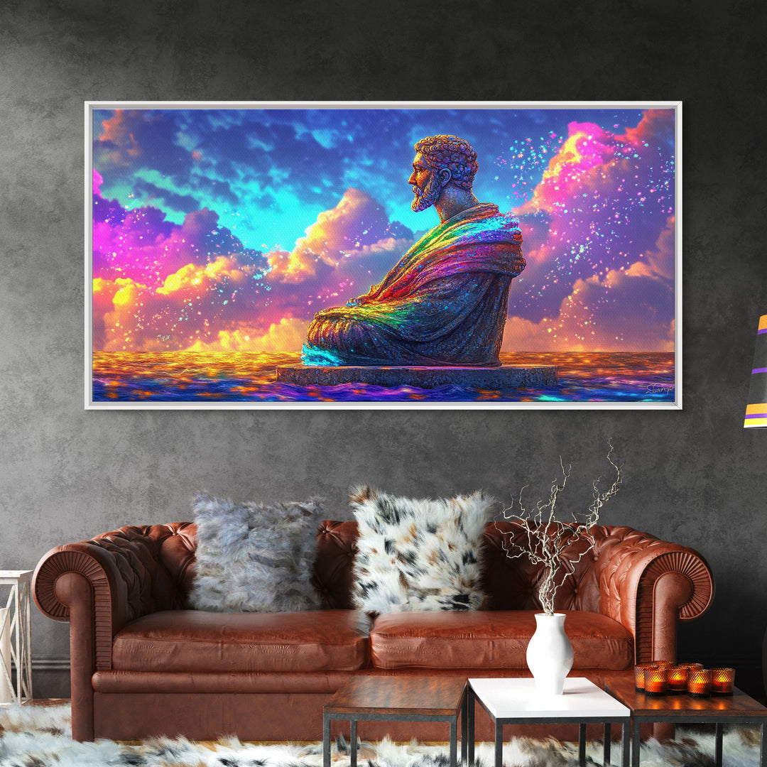 Rainbow Buddha Statue At Ocean Sunset Wall Art, Meditation Room Decor, Spiritual Wall Art, Yoga Studio Decor, Zen Home Decor