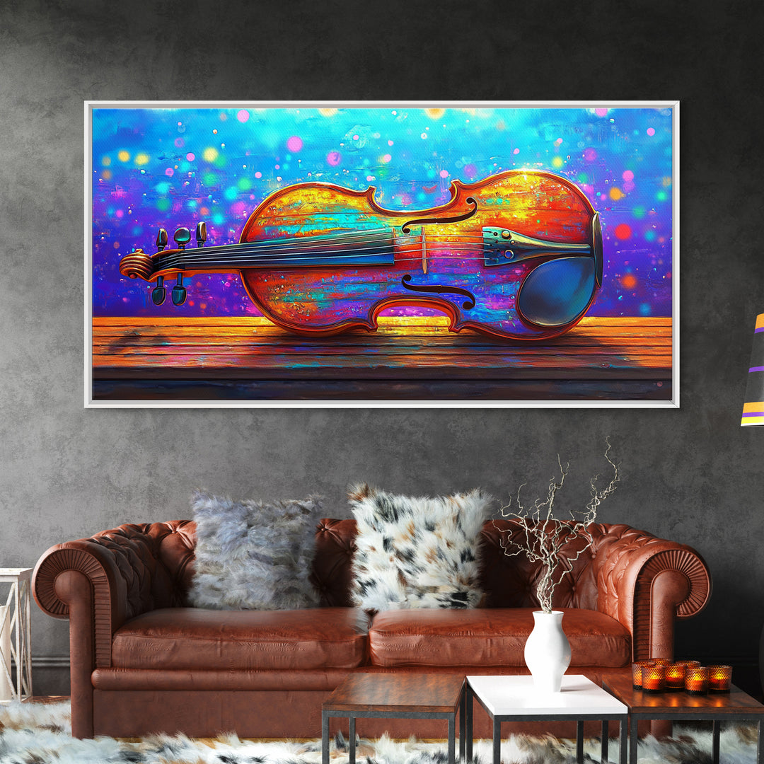 Rainbow Violin Still Life Canvas Print, Music Room Wall Art, Colorful Instrument Painting, Music Lover Gift, Studio Decor