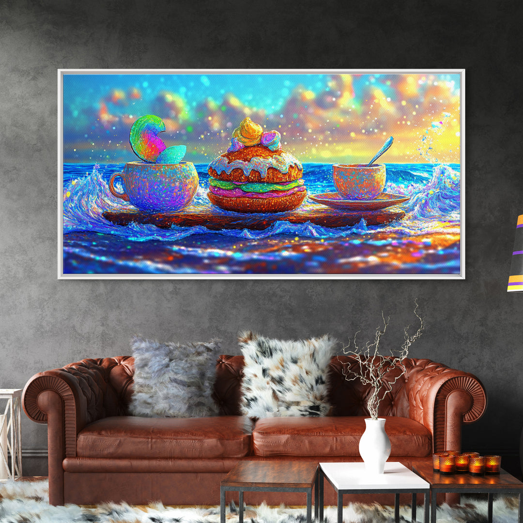 Whimsical Ocean Tea Cup And Macaron Canvas Print, Bakery Wall Art, Coastal Kitchen Decor, Dessert Art Gift For Her, Cafe Wall Decor