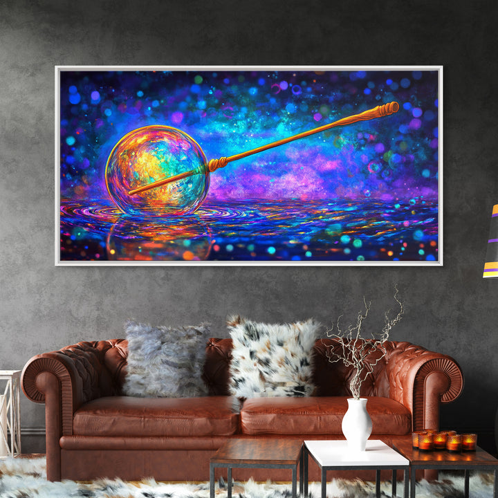 Glowing Cosmic Orb And Golden Wand Canvas Print, Mystical Celestial Wall Art, Modern Fantasy Home Decor, Witchy Gift For Her
