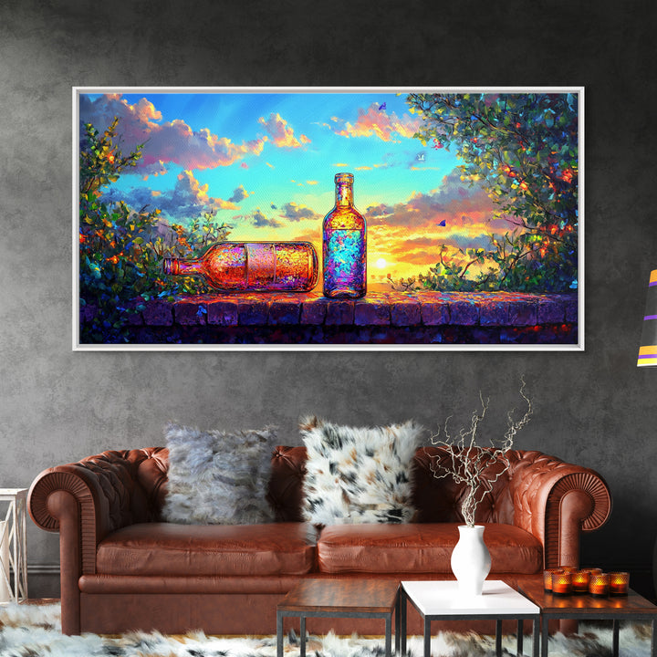 Sunset Garden Bottles On Stone Wall Framed Canvas Print, Colorful Wine Wall Art, Rustic Kitchen Decor, Housewarming Gift