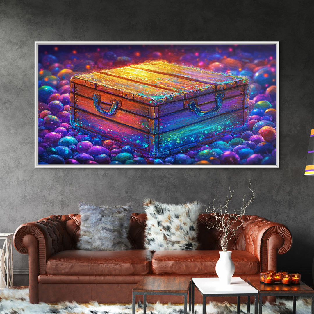 Glowing Wooden Treasure Chest Canvas Print, Whimsical Fantasy Wall Art, Colorful Rustic Home Decor, Unique Housewarming Gift