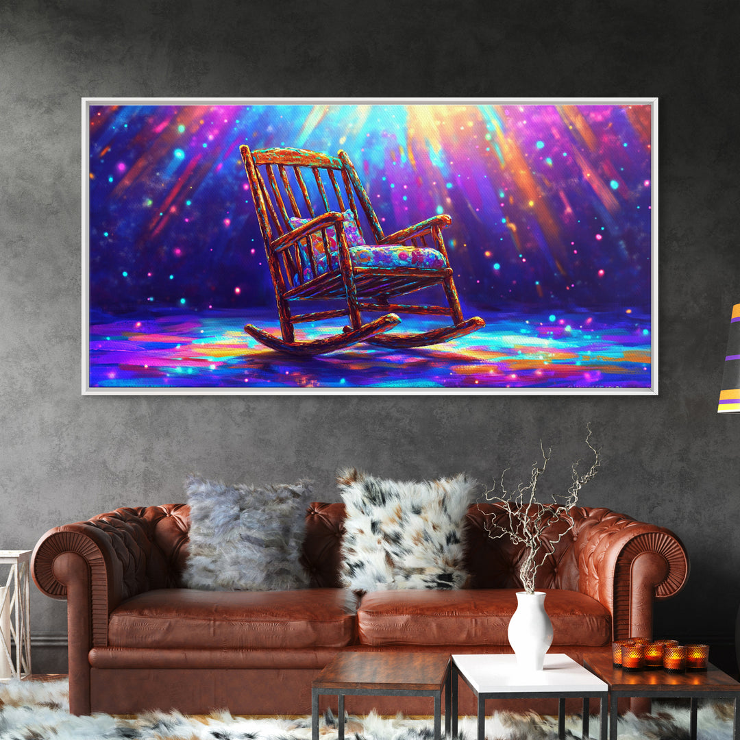 Rainbow Rocking Chair Under Spotlight Framed Canvas Print, Cozy Living Room Wall Art, Whimsical Home Decor, Housewarming Gift