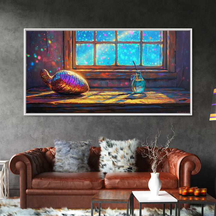 Rainbow Seashell And Glass By Window Canvas Print, Nautical Wall Art, Coastal Home Decor, Bathroom Wall Decor, Beach House Gift