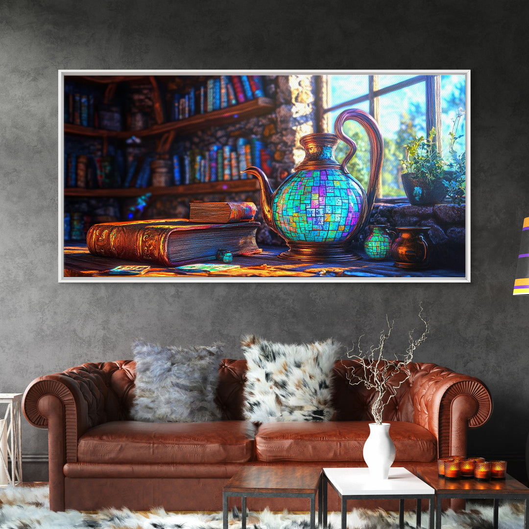 Mosaic Teapot And Antique Books Canvas Print, Library Wall Art, Dark Academia Decor, Book Lover Gift, Cozy Home Decor, Office Decor