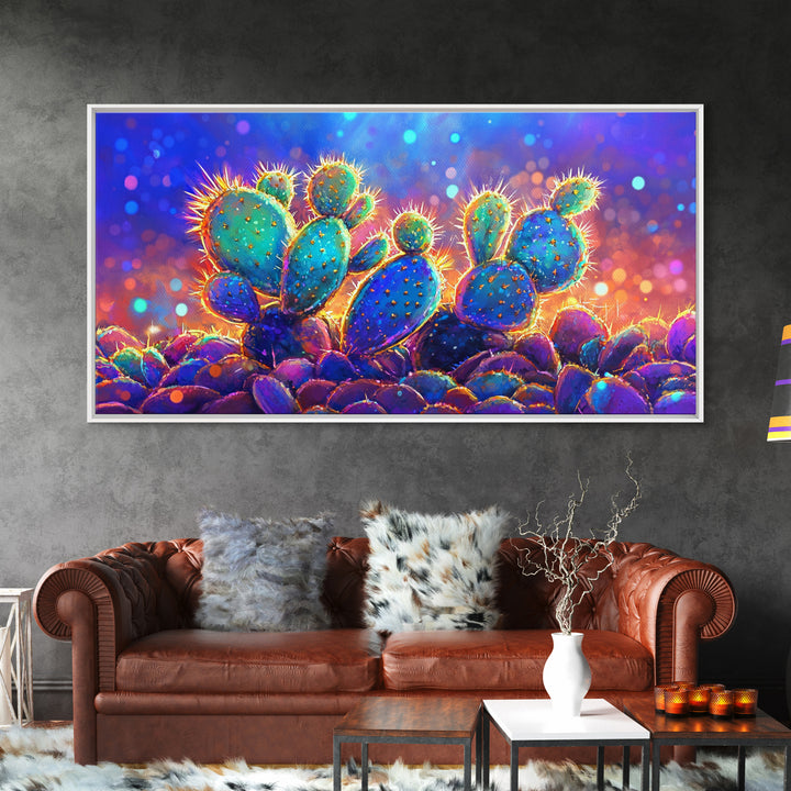 Glowing Prickly Pear Cactus At Twilight Wall Art, Vibrant Desert Canvas, Colorful Southwestern Decor, Boho Living Room Print