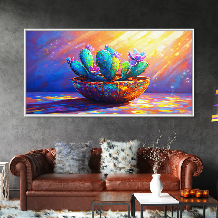 Sunlit Blooming Cactus In Rustic Bowl Canvas Print, Colorful Desert Botanical Art, Southwestern Kitchen And Living Room Decor