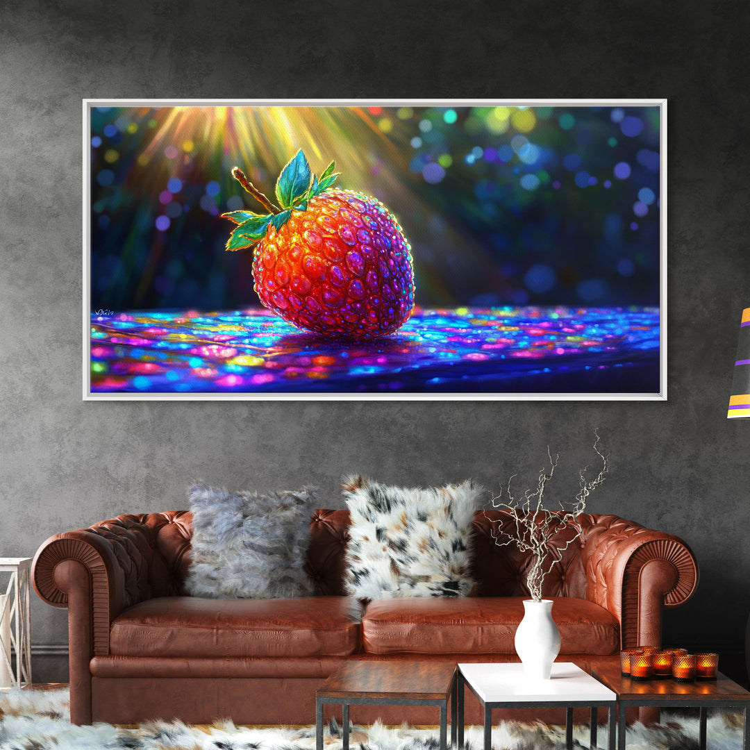 Glowing Strawberry Under Sunbeams Canvas Print, Colorful Fruit Wall Art, Whimsical Kitchen Decor And Food Lover Gift Idea