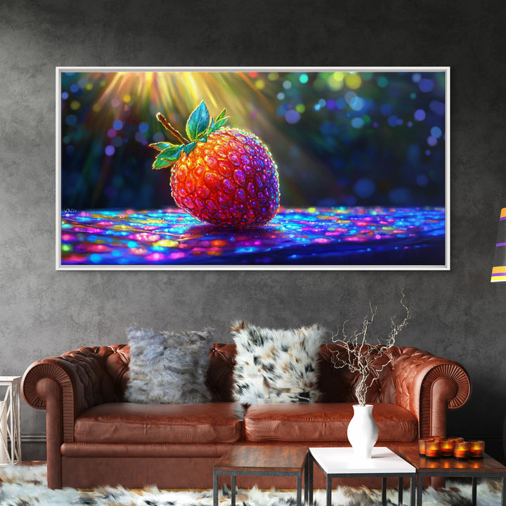 Glowing Strawberry Under Sunbeams Canvas Print, Colorful Fruit Wall Art, Whimsical Kitchen Decor And Food Lover Gift Idea