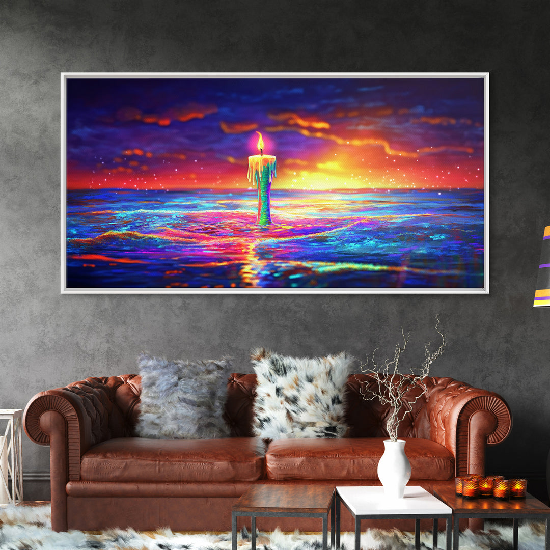 Tall Candle Burning Over Sunset Sea Wall Art, Colorful Seascape Canvas, Coastal Meditation Home Decor And Serene Ocean Print