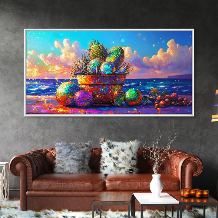 Prickly Pear Cactus Basket Wall Art, Coastal Tropical Still Life, Beach House Decor, Colorful Fruit Print, Summer Canvas