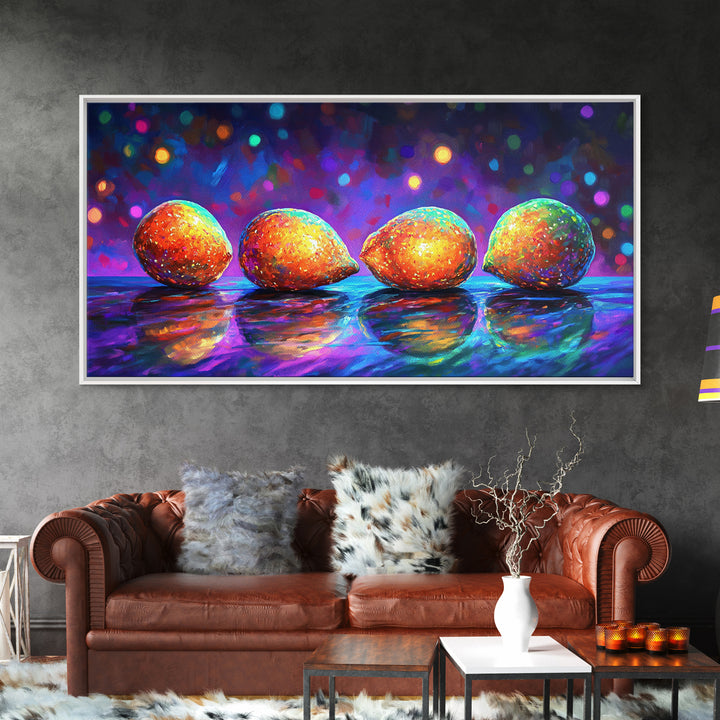 Four Bright Mangoes Wall Art, Colorful Fruit Still Life, Modern Kitchen Decor, Tropical Art Print, Vibrant Dining Room Canvas