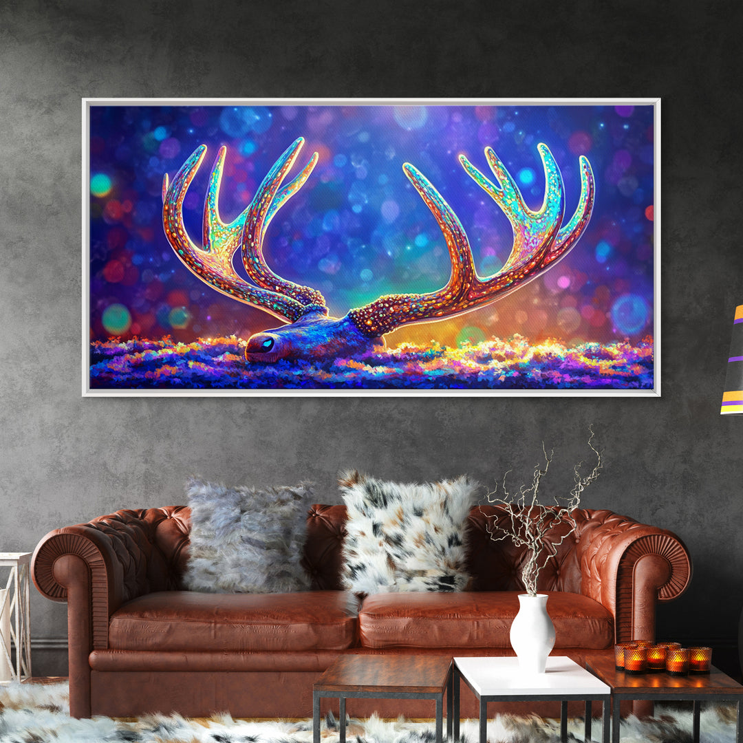 Glowing Deer Antlers Wall Art, Surreal Wildlife Print, Colorful Nature Decor, Rustic Cabin Gift, Whimsical Animal Canvas