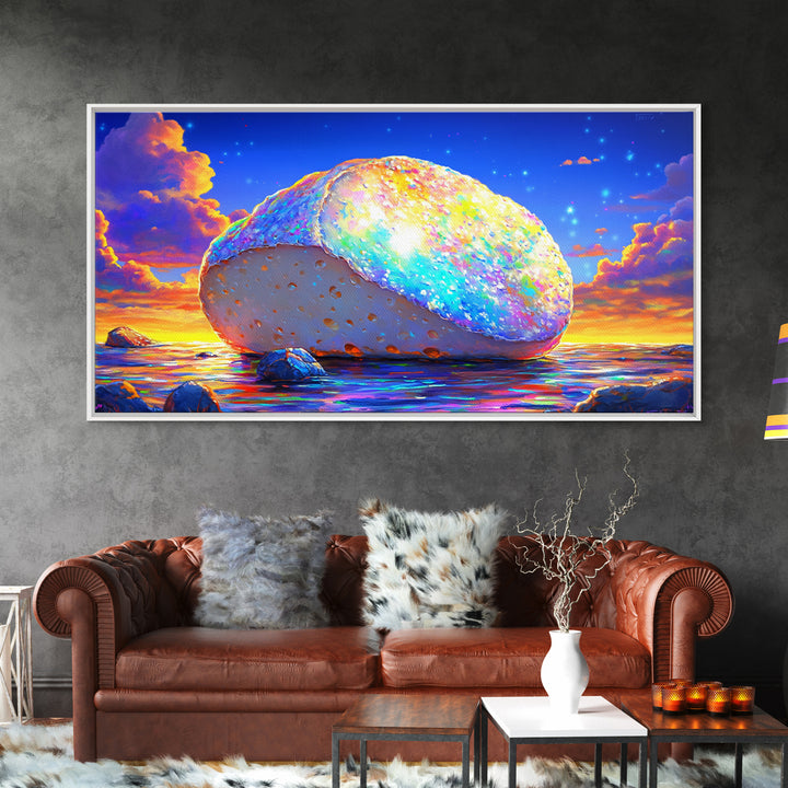 Glowing Rainbow Sea Stone At Sunset Wall Art, Colorful Coastal Canvas, Surreal Beach Decor, Ocean Landscape Living Room Print