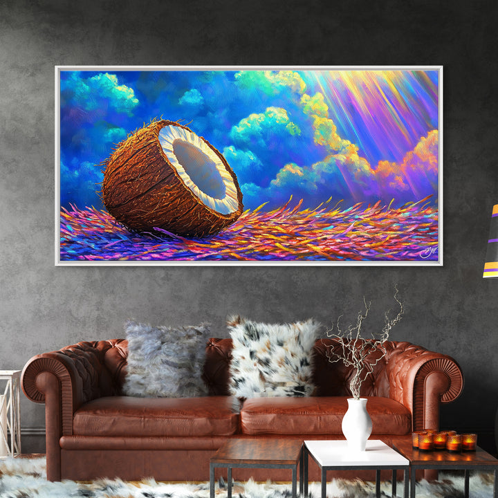 Sunlit Coconut On Tropical Straw Canvas Print, Beach House Wall Art, Coastal Decor, Vibrant Ocean Wall Decor Gift For Summer Home Decor