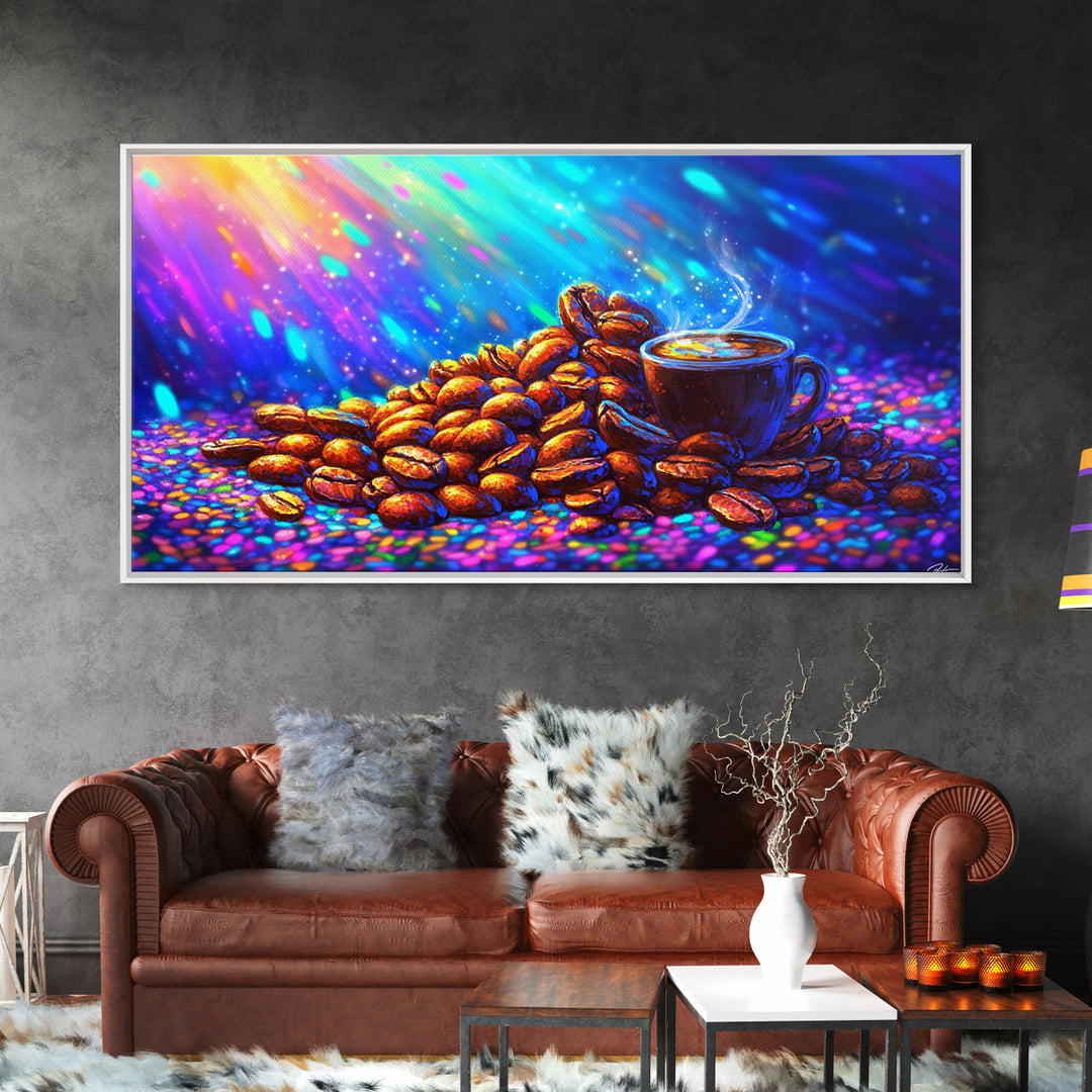 Steaming Coffee Cup With Roasted Beans Canvas Print, Coffee Bar Wall Art, Kitchen Decor, Cafe Poster Gift For Coffee Lover