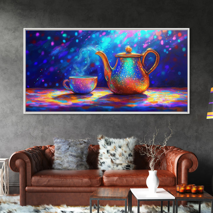Iridescent Teapot And Teacup Still Life Canvas Print, Colorful Kitchen Wall Art, Tea Lover Gift, Modern Home Decor, Dining Room Print