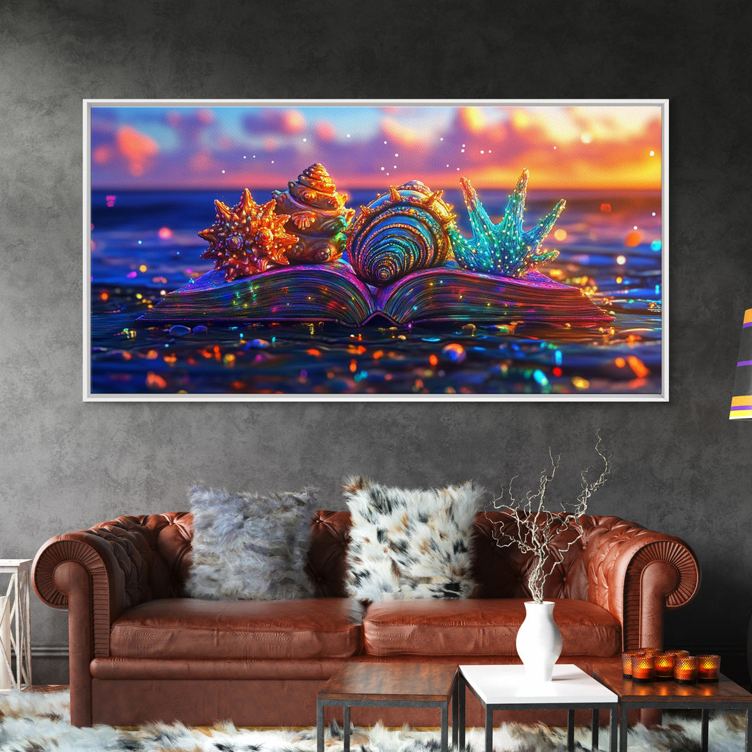 Glowing Seashells On Open Book Framed Canvas Print, Coastal Wall Art, Beach House Decor, Ocean Lover Gift For Her, Nautical Home Decor