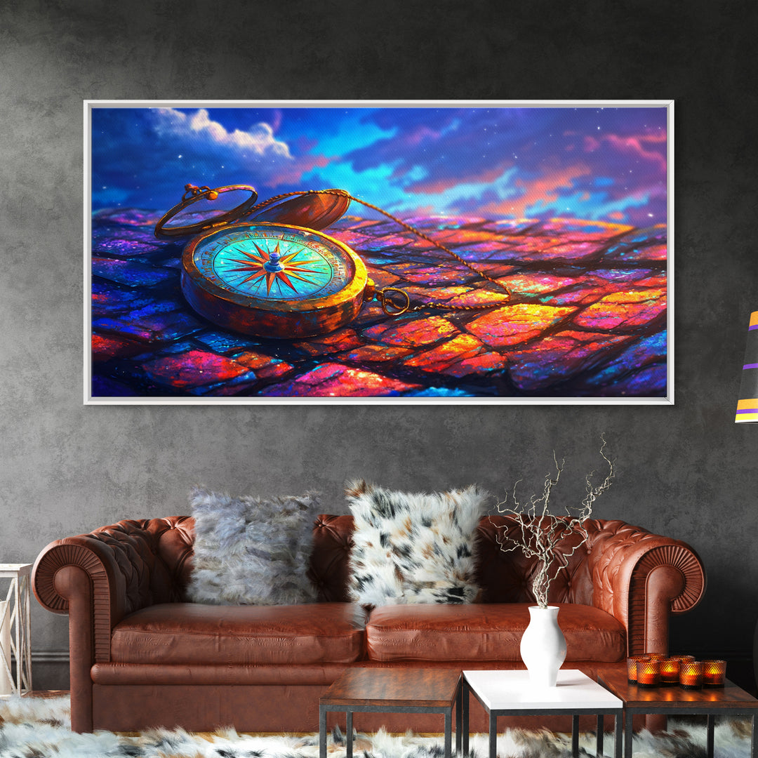 Antique Compass On Rainbow Cobblestones Canvas Print, Travel Wall Art, Wanderlust Decor, Nautical Office Decor Gift For Him