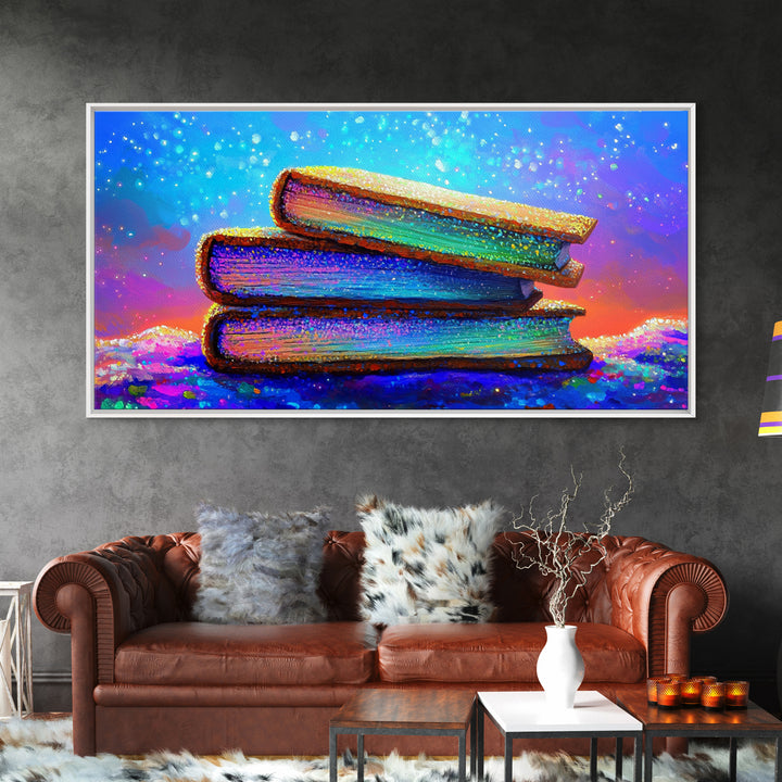 Stacked Rainbow Books Under Starry Sky Canvas Print, Book Lover Wall Art, Library Decor, Cozy Reading Nook Gift For Home Office Decor