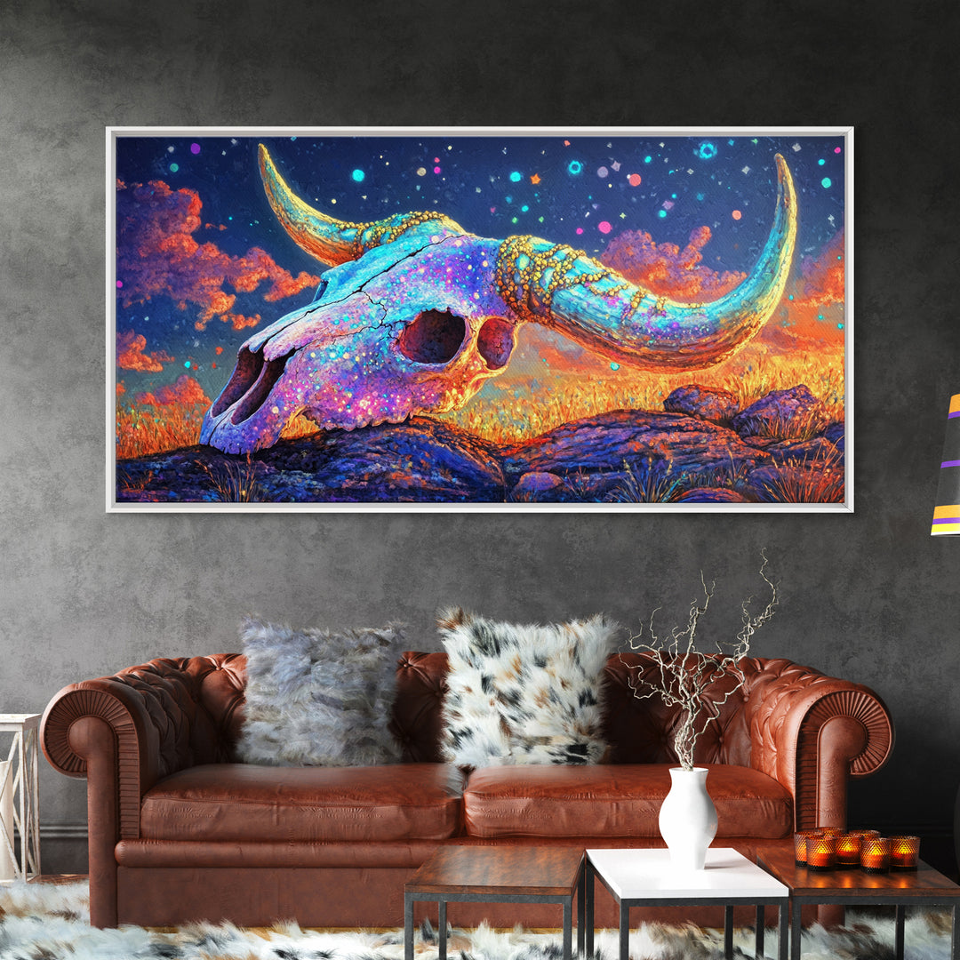 Iridescent Longhorn Skull Desert Sunset Wall Art, Western Decor, Cow Skull Canvas Print, Southwestern Home Decor Gift For Him