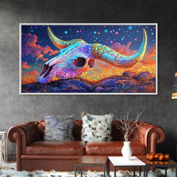 Iridescent Longhorn Skull Desert Sunset Wall Art, Western Decor, Cow Skull Canvas Print, Southwestern Home Decor Gift For Him