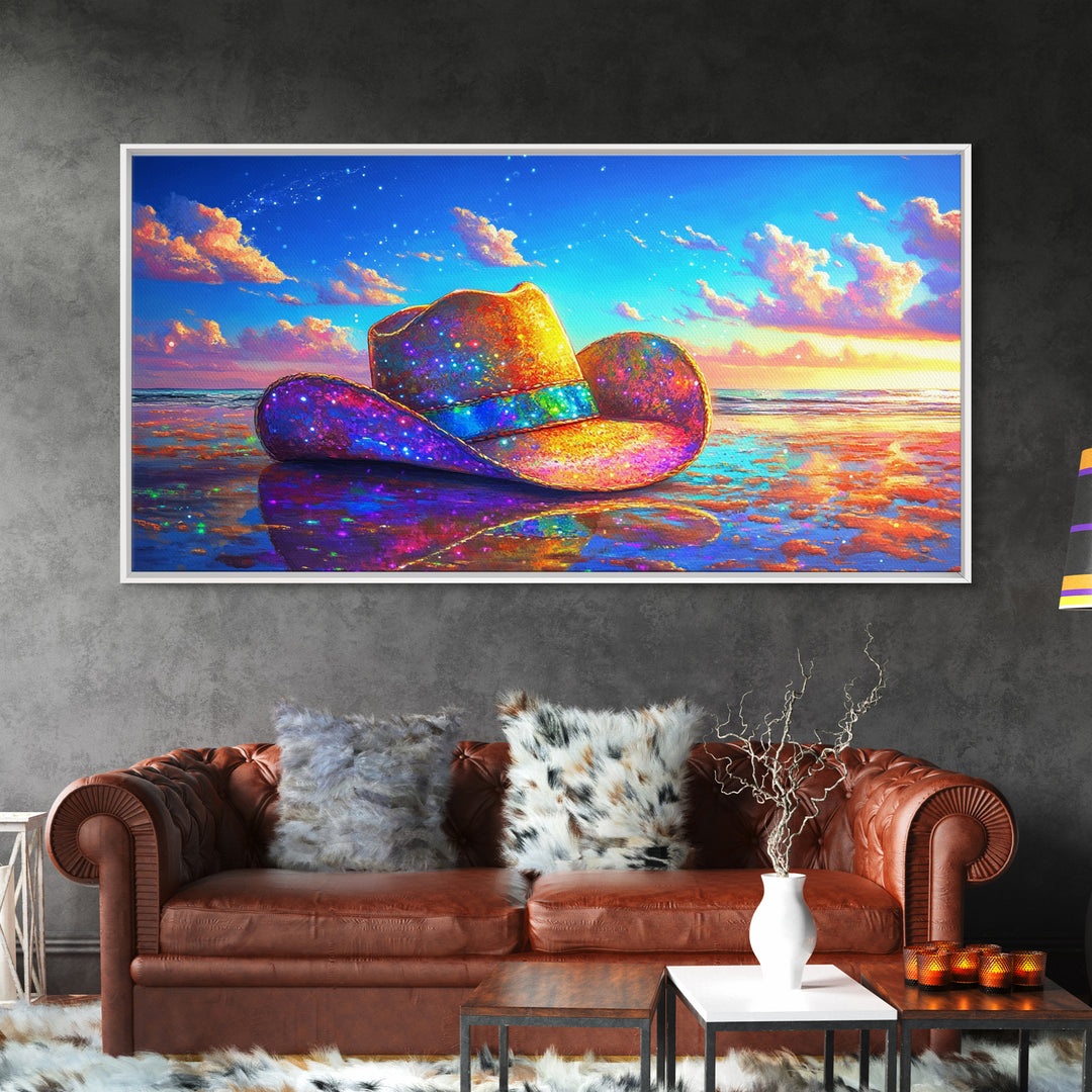 Sparkling Cowboy Hat On Sunset Beach Wall Art, Western Coastal Decor, Cowgirl Canvas Print, Beach House Gift For Her, Home Decor