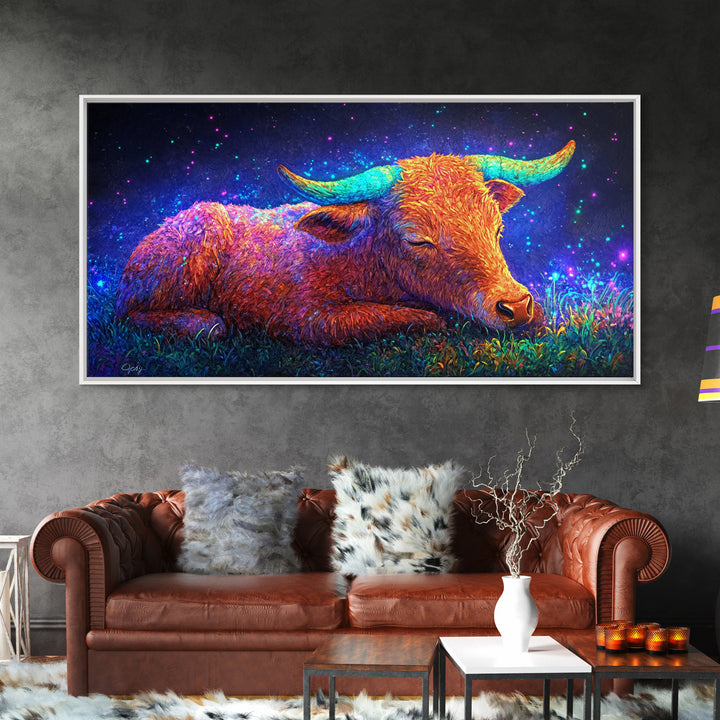 Sleeping Longhorn Cow Under Starry Sky Wall Art, Western Animal Canvas Print, Rustic Farmhouse Decor, Gift For Him, Home Decor