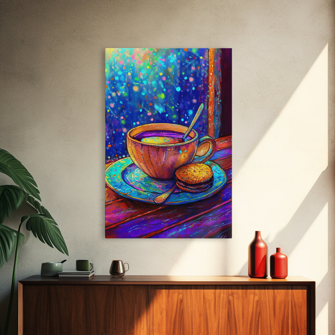 Cozy Tea Cup And Cookie Canvas Print, Coffee Shop Wall Art, Cafe Decor, Kitchen Wall Decor, Whimsical Foodie Gift For Dining Room Prints