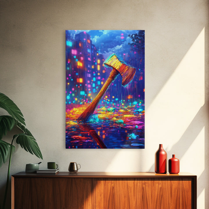 Neon Axe In Rainy City Framed Canvas Print, Cyberpunk Wall Art, Dystopian Decor, Gamer Room Art, Unique Gift For Him, Home Decor