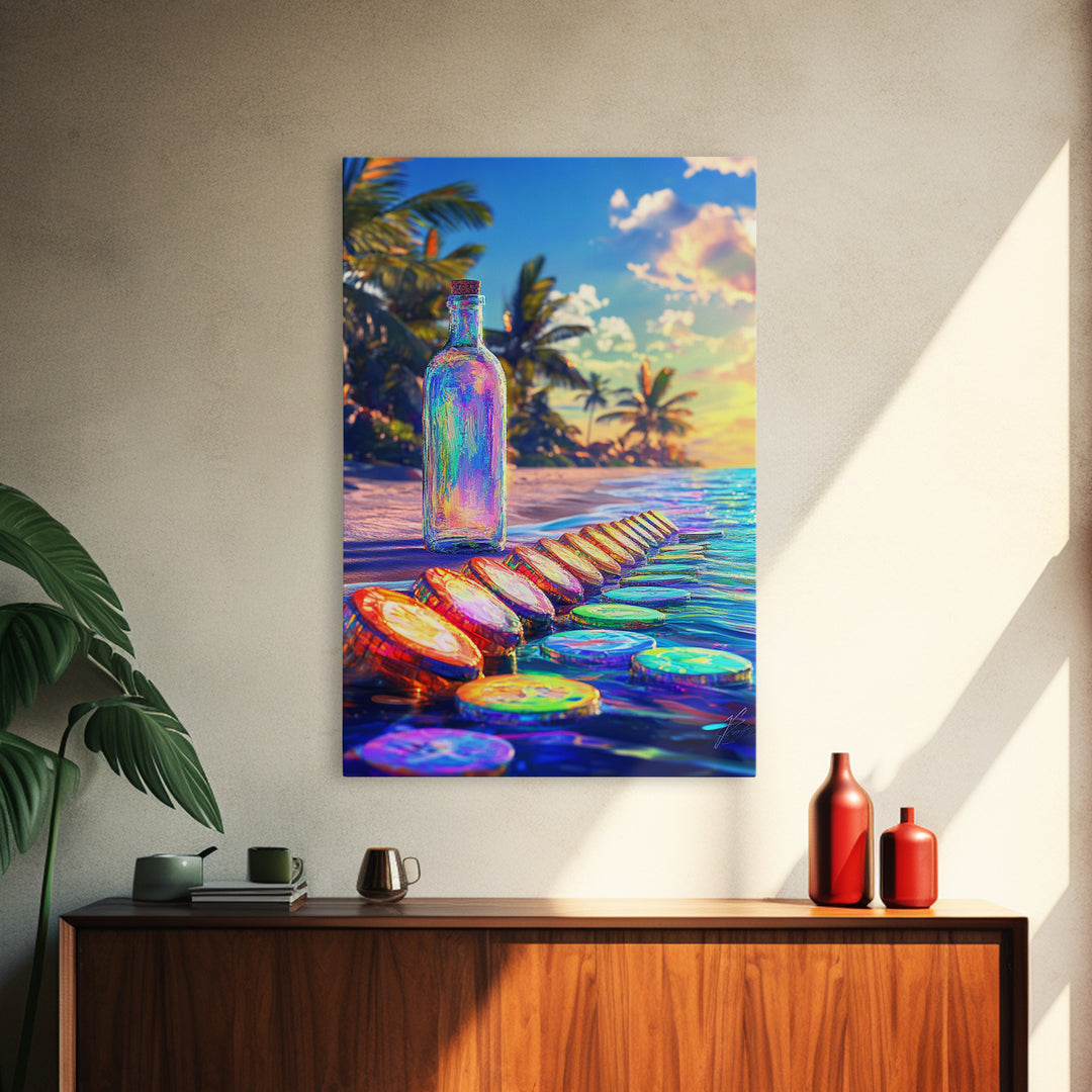 Rainbow Glass Bottle On Tropical Beach Canvas Print, Coastal Wall Art, Beach House Decor, Ocean Art Print, Summer Home Decor