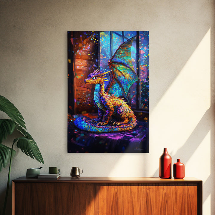 Iridescent Baby Dragon On Windowsill Wall Art, Fantasy Art, Whimsical Decor, Kids Room Art, Dragon Gift, Framed Canvas Print