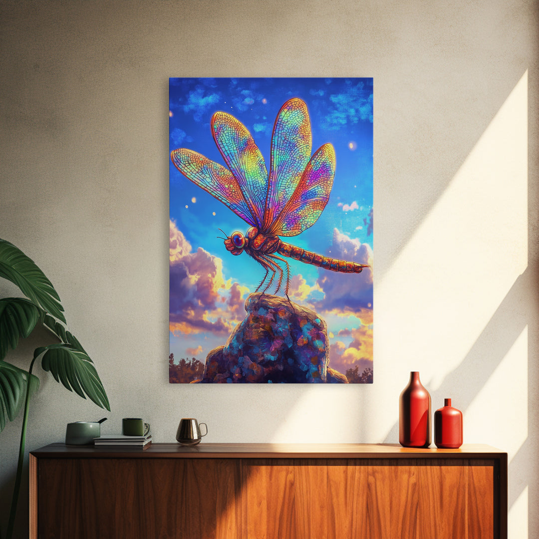 Stained Glass Dragonfly On Rock Canvas Print, Colorful Wildlife Art, Nature Wall Art, Whimsical Decor, Nature Lover Gift