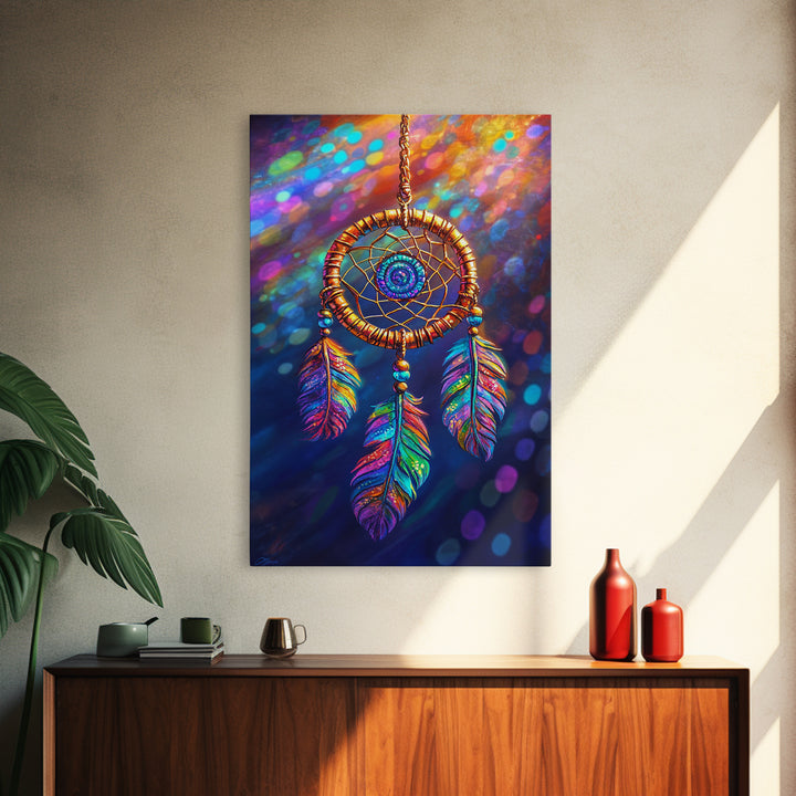 Rainbow Feather Dreamcatcher Wall Art, Boho Wall Decor, Spiritual Art, Celestial Decor, Whimsical Gift, Framed Canvas Print