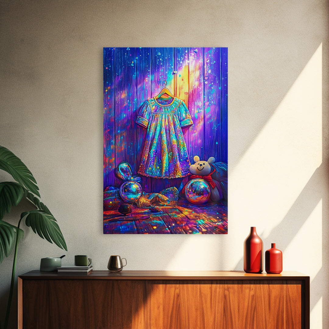 Sparkling Rainbow Toddler Dress With Toy Bear Wall Art, Colorful Nursery Decor, Girls Room Art, Whimsical Kids Room Print