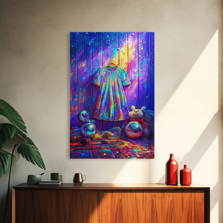Sparkling Rainbow Toddler Dress With Toy Bear Wall Art, Colorful Nursery Decor, Girls Room Art, Whimsical Kids Room Print