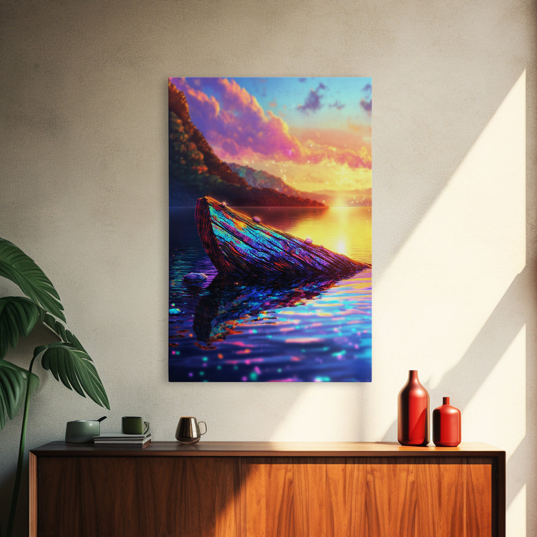 Iridescent Driftwood Boat On Mountain Lake Canvas Print, Sunset Landscape Art, Coastal Wall Decor, Colorful Nature Print