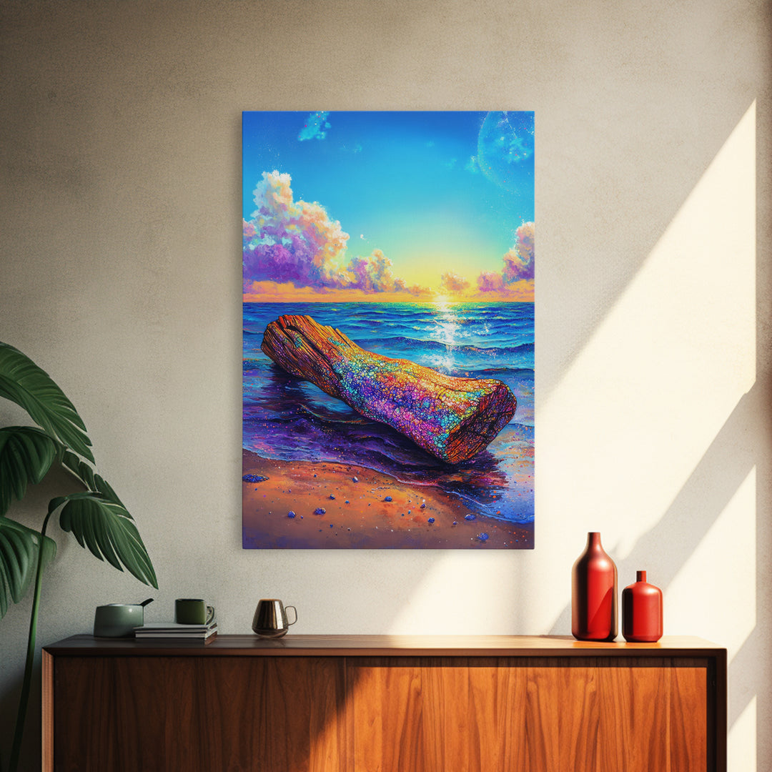 Rainbow Driftwood Log On Sunny Ocean Beach Canvas Print, Coastal Wall Art, Seascape Decor, Beach House Art, Large Wall Decor
