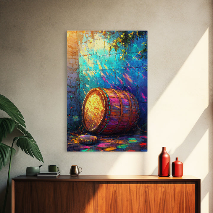Sunlit Wooden Barrel Against Turquoise Wall Canvas Print, Rustic Kitchen Wall Art, Farmhouse Decor, Colorful Courtyard Print