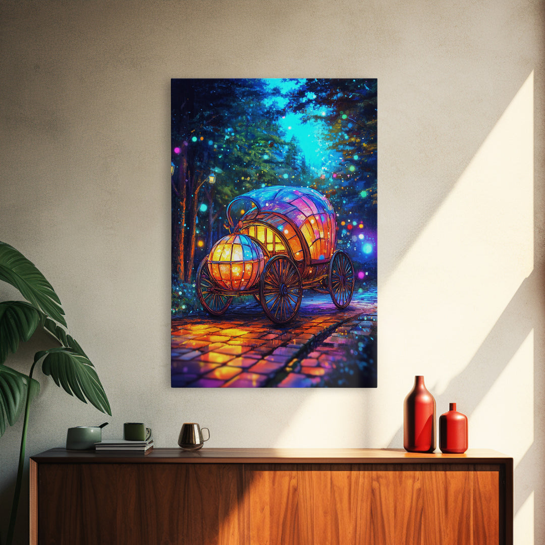 Glowing Pumpkin Carriage In Forest Canvas Print, Fairytale Wall Decor, Whimsical Nursery Art, Fantasy Room Decor Gift For Girls Room