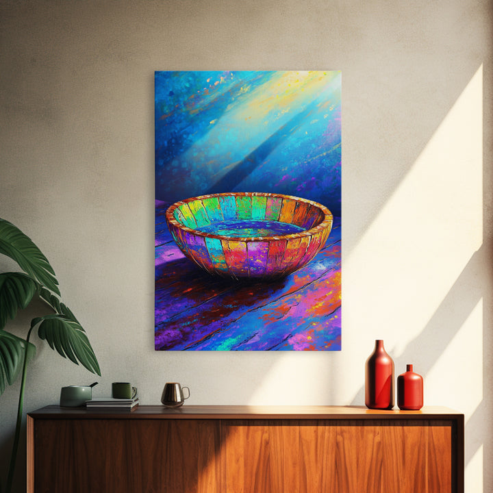 Rustic Rainbow Wooden Bowl Canvas Print, Colorful Kitchen Wall Art, Modern Farmhouse Decor, Wabi Sabi Art, Housewarming Gift