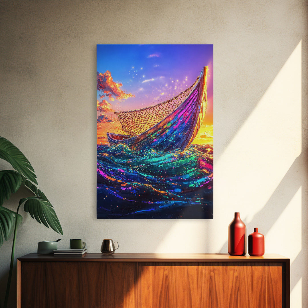 Glowing Fishing Boat At Sunset Framed Canvas Print, Ocean Wall Art, Coastal Decor, Nautical Seascape, Beach House Living Room Decor Gift