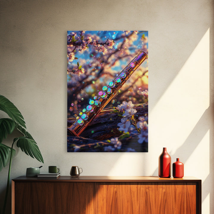 Jeweled Flute With Cherry Blossoms Canvas Print, Music Wall Art, Japanese Floral Spring Decor, Elegant Music Room Wall Decor
