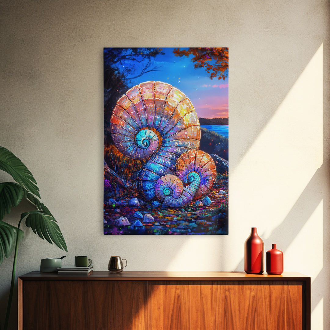 Glowing Nautilus Shells By Twilight Lake Framed Canvas Print, Coastal Wall Art, Seashell Decor, Beach House Gift, Ocean Wall Decor